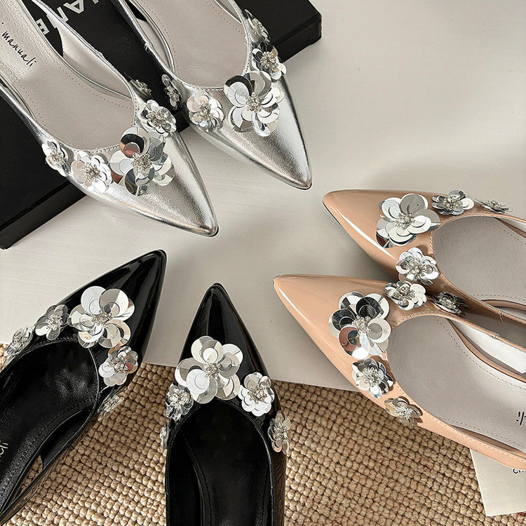 Karin Luna In Stock In Stock  Sequin Floral Pointed Toe Chunky Heel Closed-Toe Sandals
