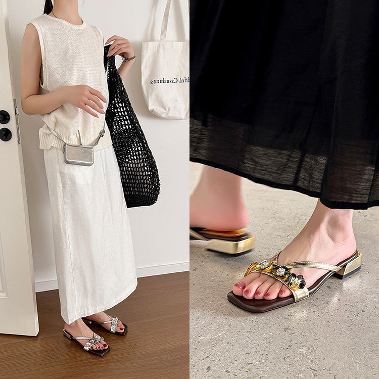 Karin Luna In Stock Spot Goods  One-Strap Sequin Floral Square-Toe Flat Slippers