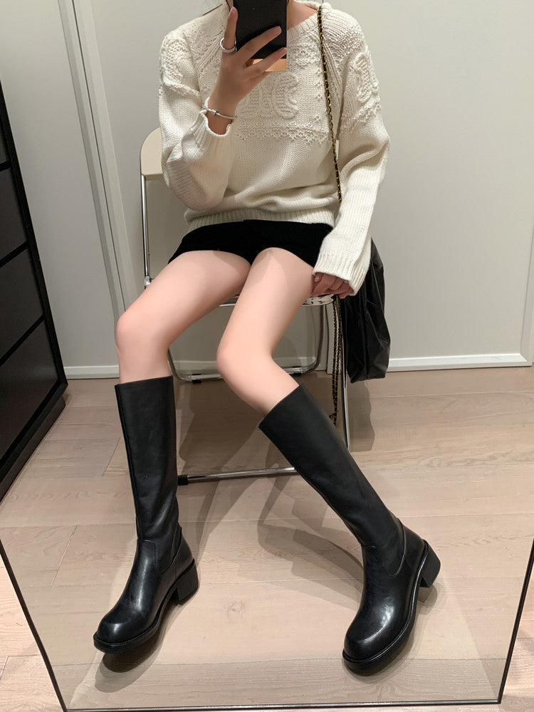 Karin Luna Basic Versatile Style Round Toe Chunky Heel Long Boots