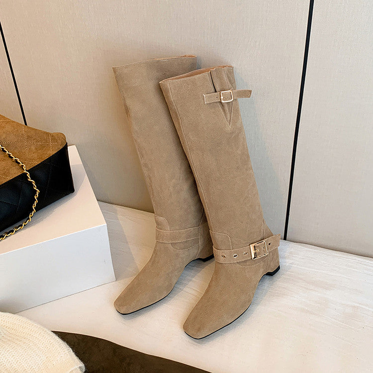 Karin Luna Data Model Belt Buckle Matte Square Toe Hidden Wedge Slouch Western Boots