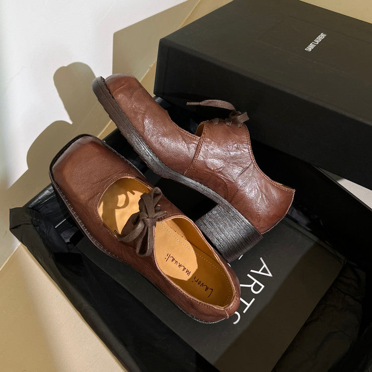 Karin Luna In Stock Spot Goods   Full leather inside and out Vegetable Tanned Hand-Grabbed Sheepskin Square-Toed Chunky Heel Single Shoes