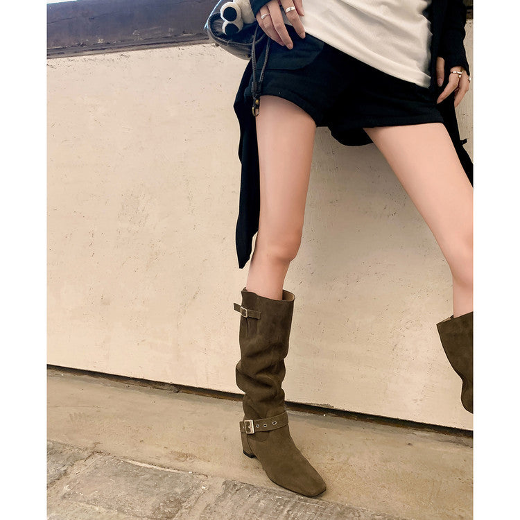 Karin Luna Data Model Belt Buckle Matte Square Toe Hidden Wedge Slouch Western Boots