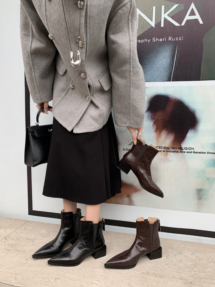 Karin Luna In Stock Spot Goods Elegant Stretch Fabric Patchwork Pointed Toe Chunky Heel Short Boots