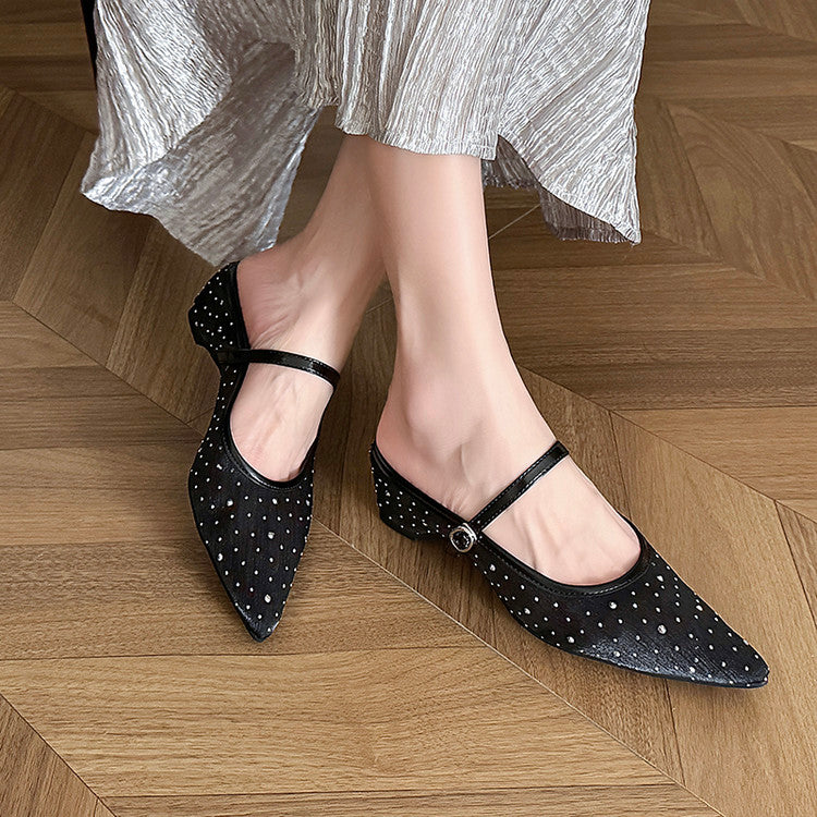 Karin Luna In Stock Spot Goods  Breathable Mesh Fabric Embellished Hand Drill Pointed Toe Slippers