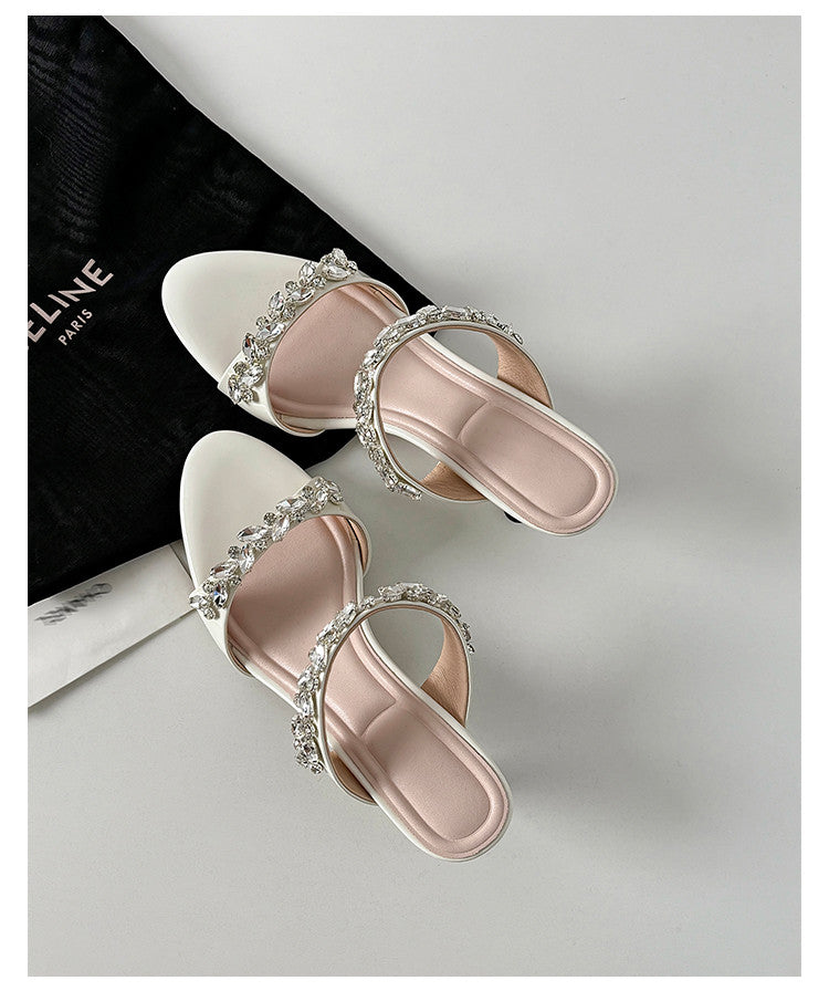 Karin Luna Exquisite Round Toe One-Strap Rhinestone Thin Heel Slippers