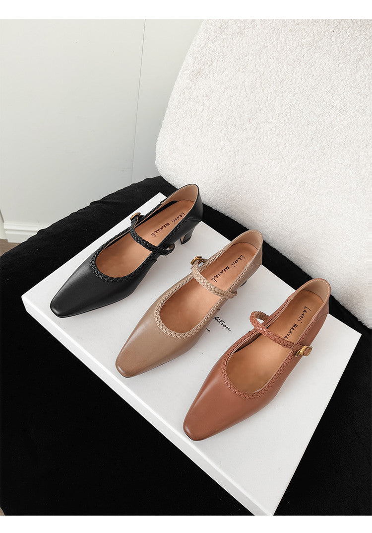Karin Luna Braided Element Design Chunky Heel Square Toe Single Strap Shoes
