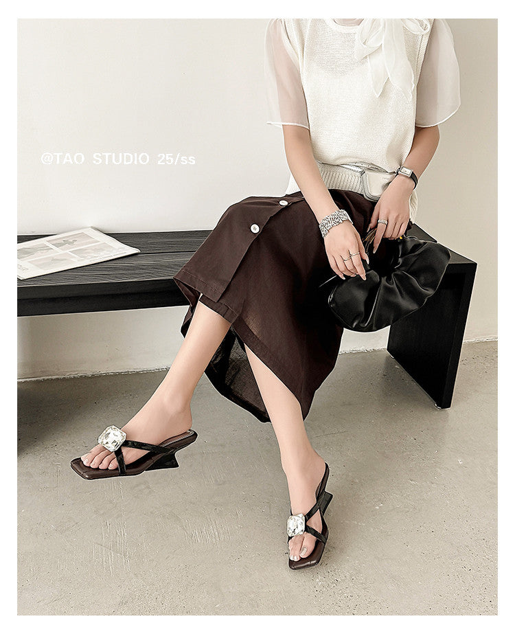 Karin Luna In Stock Spot Goods Rhinestone Square Toe Irregular Heel Slippers