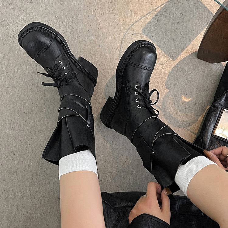 Karin Luna Bestseller Hot-Selling Large Tube Leather Belt Buckle Round Toe Thick-Soled Short Boots