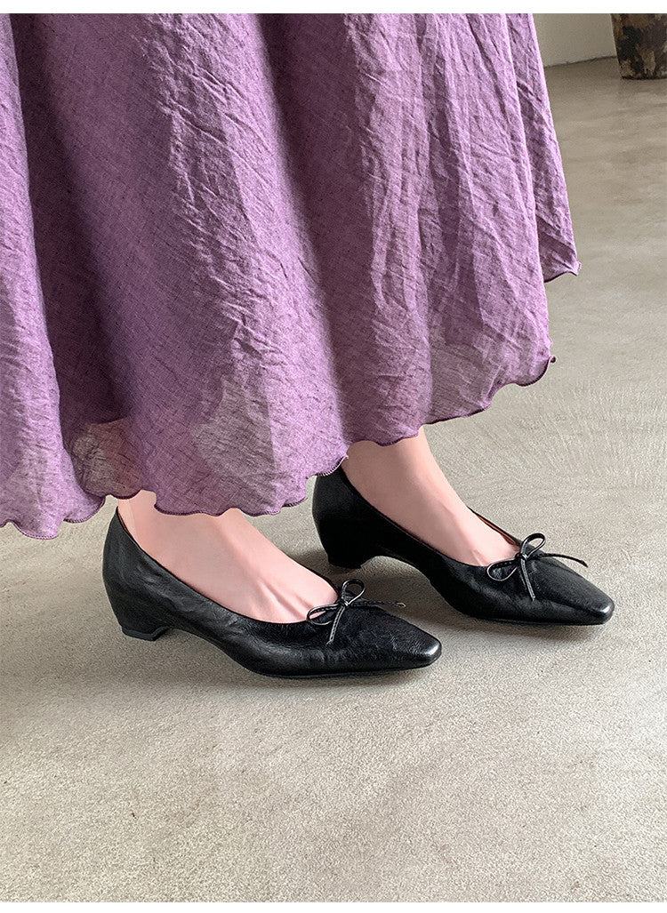 Karin Luna Full Layer Inside and Out~Basic Versatile Small Square Toe Butterfly Knot Irregular Heel Single Shoes