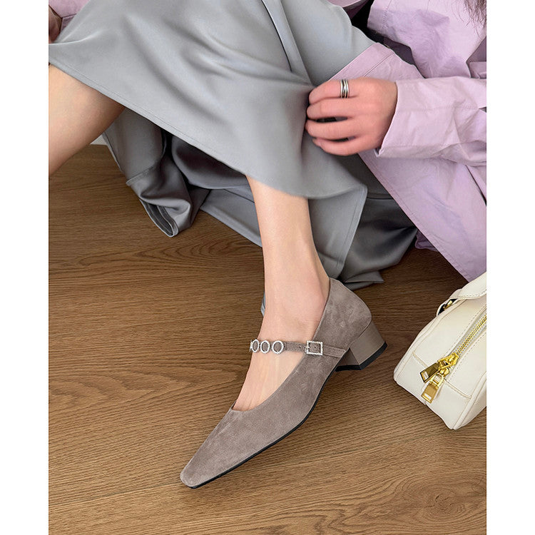 Karin Luna In Stock Spot Goods  Vintage Full Leather Square Toe Rhinestone Strap Shallow Mouth Single Shoes