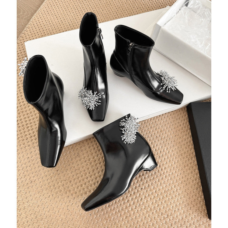 Karin Luna Elegant Style Square Toe Flower Design Height Increasing Short Boots with Two Front and Back Options