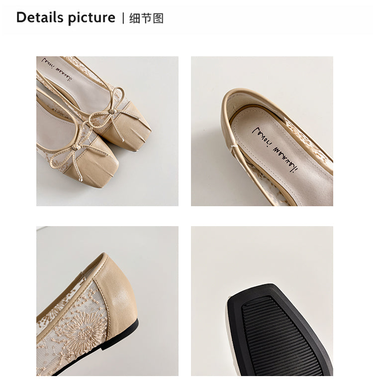Karin Luna In Stock In Stock  Wrinkled Square Toe Patchwork Breathable Mesh Bow Granny Shoes