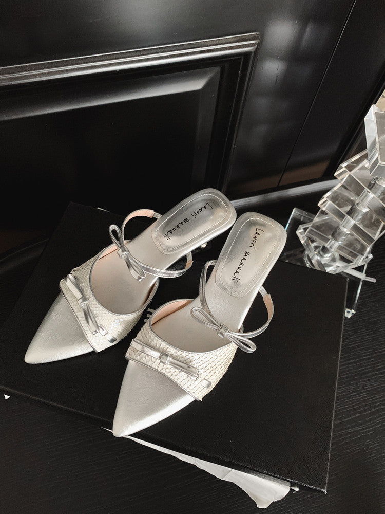 Karin Luna Fish Skin Series~Pointed Toe Irregular Heel Bowknot Strap Slippers