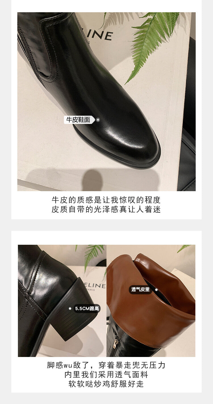 Karin Luna exploded  Three versions exploded Single Fleece Lining Fur Collar Version  Thick Fur Collar Foldable Hot-Selling Full Cowhide Pointed Toe Chunky Heel Classic Style