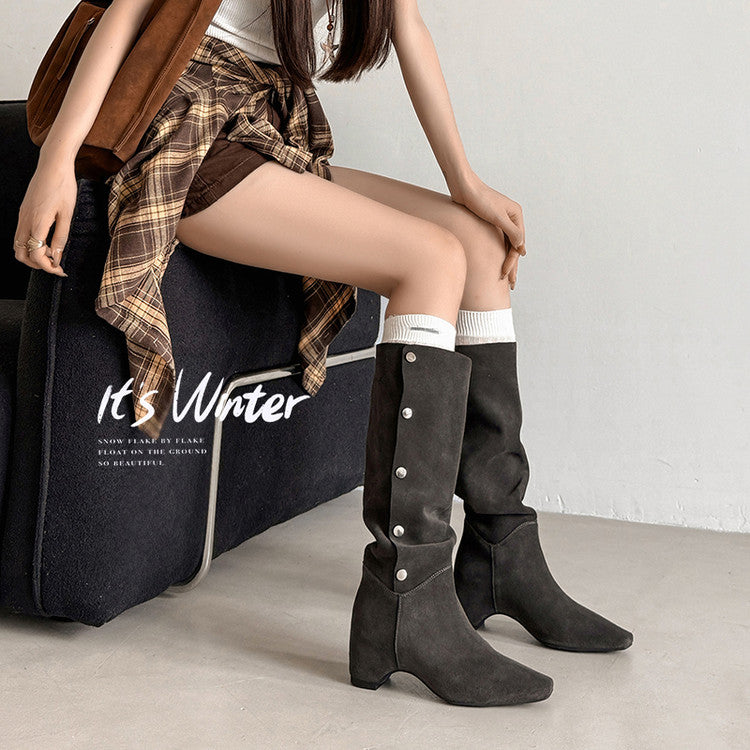 Karin Luna Bestseller Hot-Selling Hidden Buckle Lazy Style Square-Toe Height-Increasing Suede Western Boots