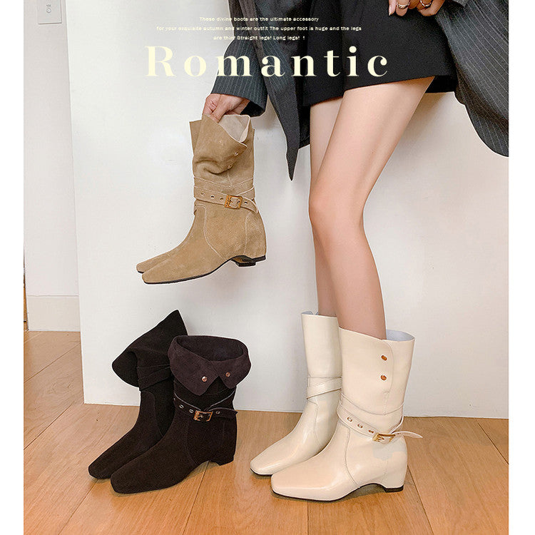 Karin Luna Foldable Belt Buckle Square Toe Hidden Wedge Short Boots