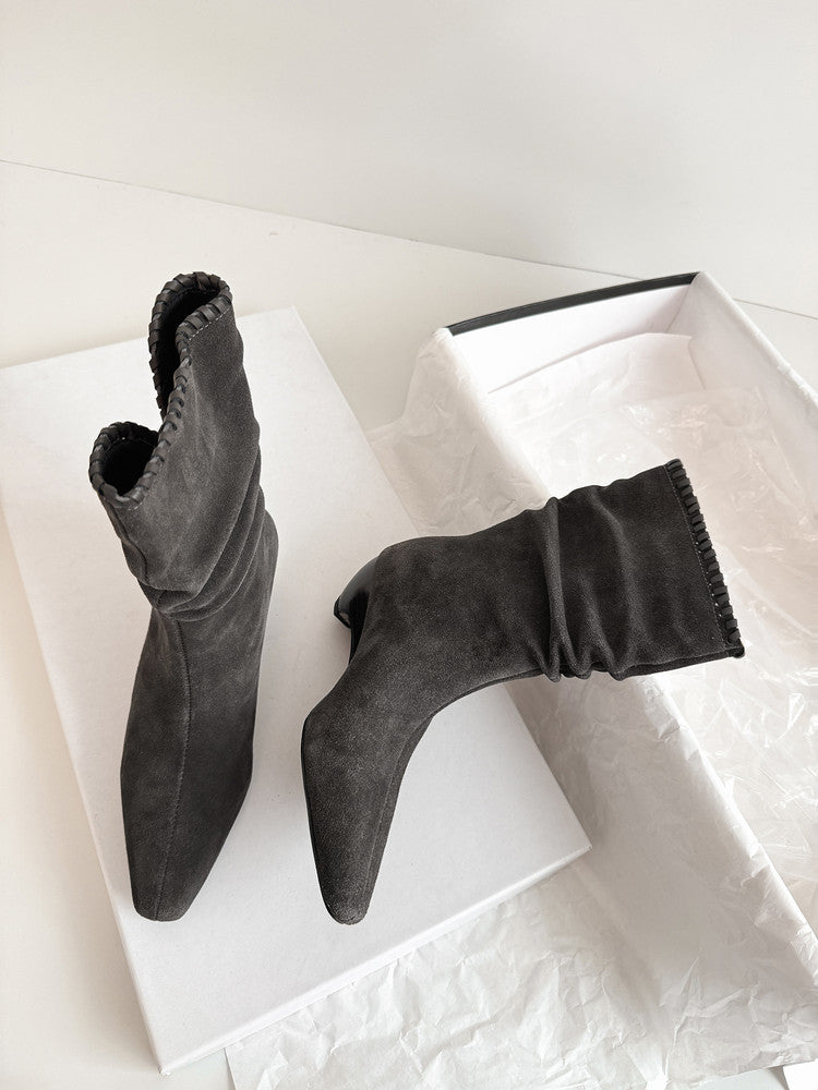 Karin Luna Small Square Toe Retro Ruched Pile Short Boots