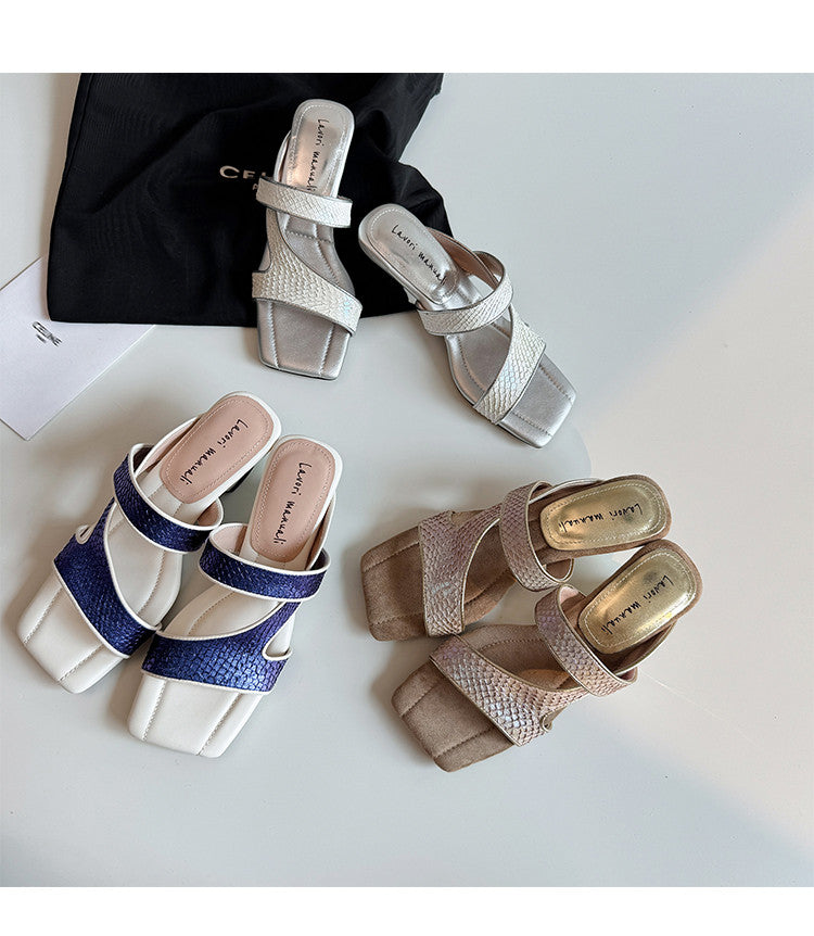 Karin Luna Fish Skin Series~Minimalist Square Toe Popular Irregular Heel Slippers