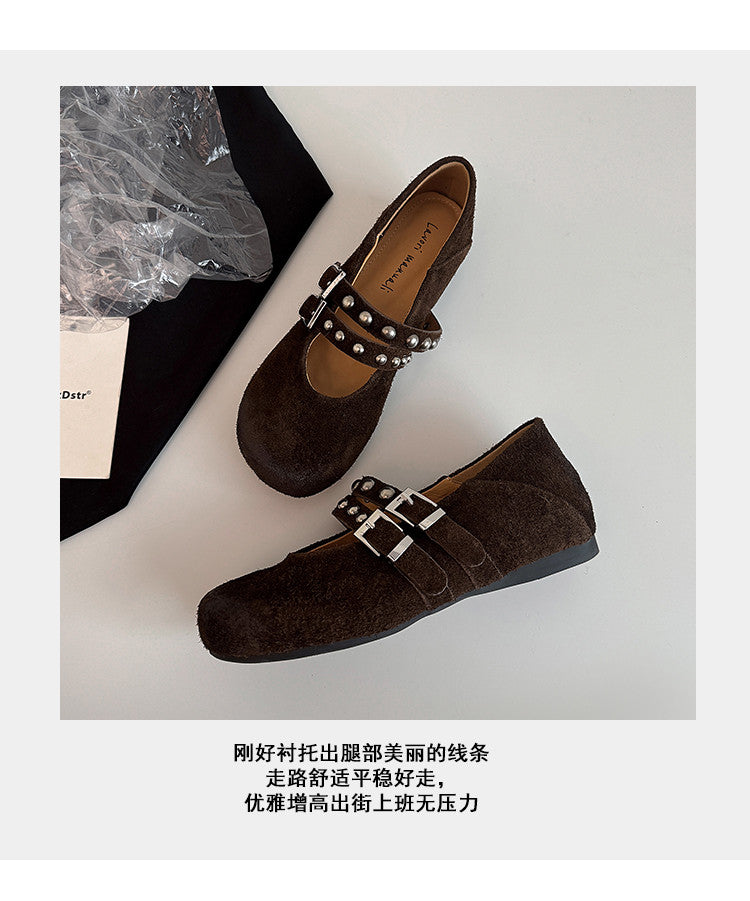 Karin Luna Hot Item Hot Item Punk Style One-Strap Round-Toe Suede Leather Height-Increasing Flats
