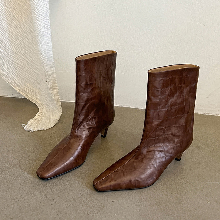 Karin Luna In Stock Spot Goods Top Layer Stone Pattern Cowhide Textured Small Square Toe Straight Short Boots