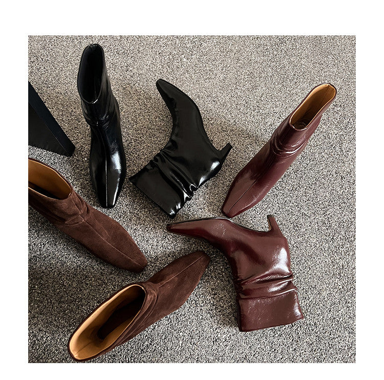 Karin Luna In Stock Spot Goods  Retro Wrinkled Small Square Toe Short Boots
