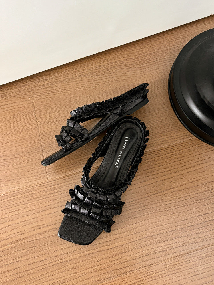 Karin Luna In Stock   Spot Goods  Niche Design Square-Toed Pleated Flat Slippers
