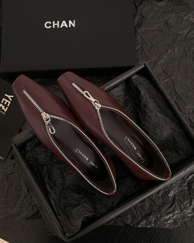 Karin Luna In Stock In Stock ~Basic Versatile Light Luxury Zipper Small Square Toe Flats