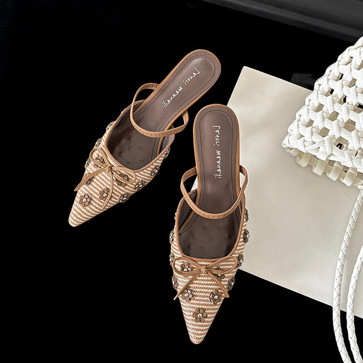 Karin Luna In Stock Spot Goods  Elegant Floral Pointed Toe Rhinestone Slippers