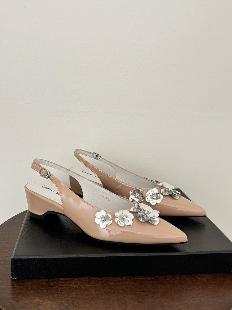 Karin Luna In Stock In Stock  Sequin Floral Pointed Toe Chunky Heel Closed-Toe Sandals