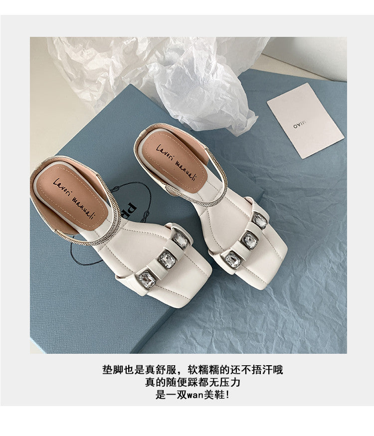 Karin Luna Bestseller Popular Rhinestone Ribbon Square Toe Slippers