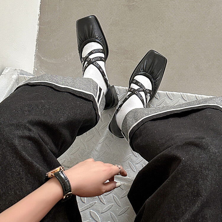Karin Luna In Stock Spot Goods First Layer Sheepskin Cross Strap Rivet Square Toe Mary Jane Sandals