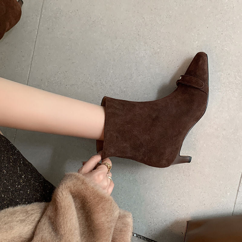 Karin Luna Elegant Style Small Square Toe Belt Buckle Thin Heel Short Boots