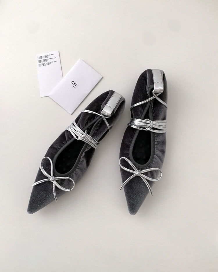 Karin Luna In Stock In Stock Retro Velvet Pointed Toe Bowknot Single Shoes