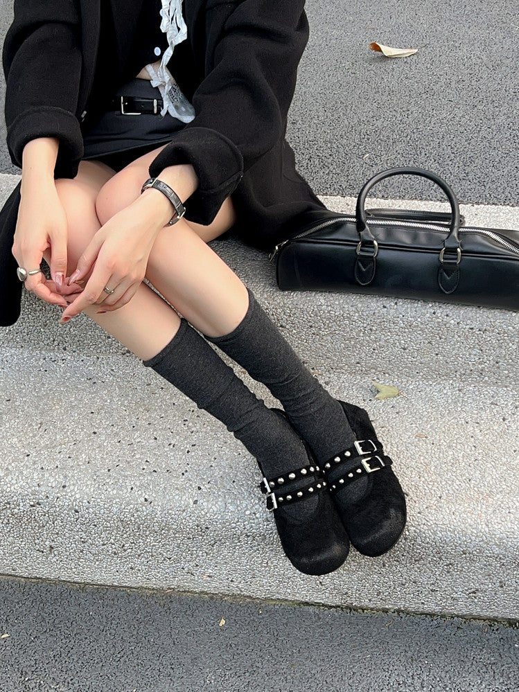 Karin Luna Hot Item Hot Item Punk Style One-Strap Round-Toe Suede Leather Height-Increasing Flats