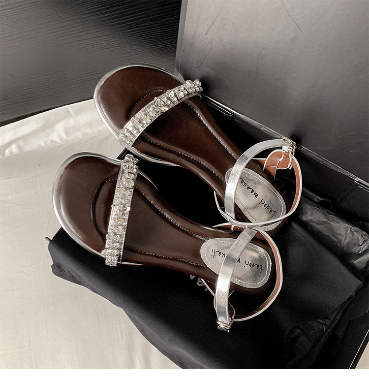 Karin Luna In Stock In Stock  Rhinestone Strap Round Toe Chunky Heel Sandals