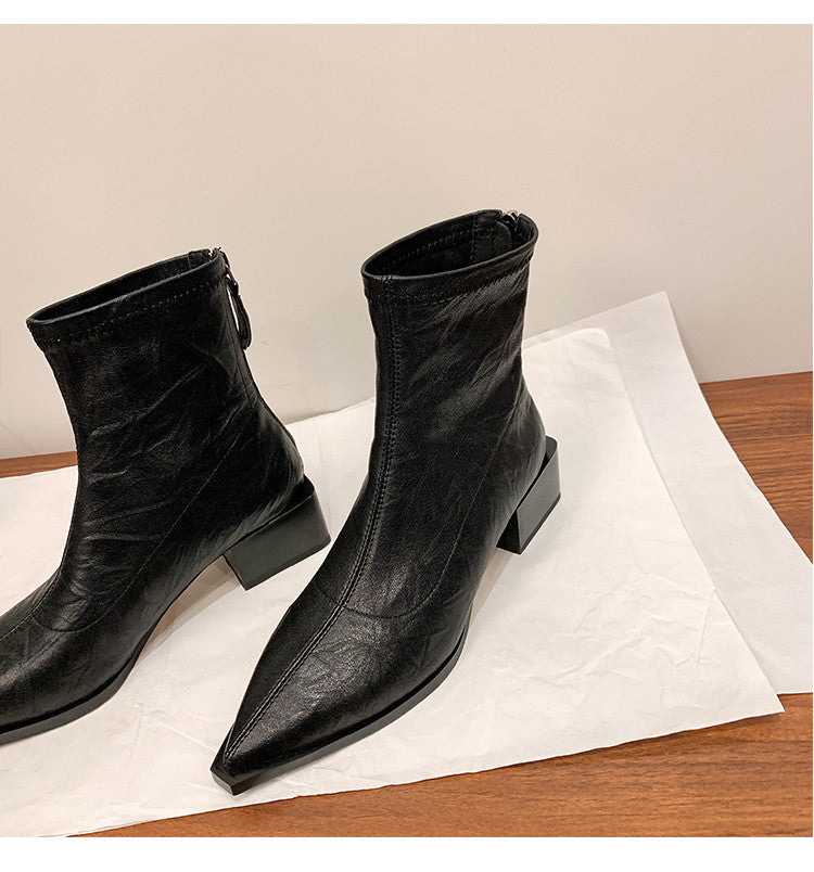 Karin Luna Elegant Style Pointed Toe Chunky Heel Short Boots