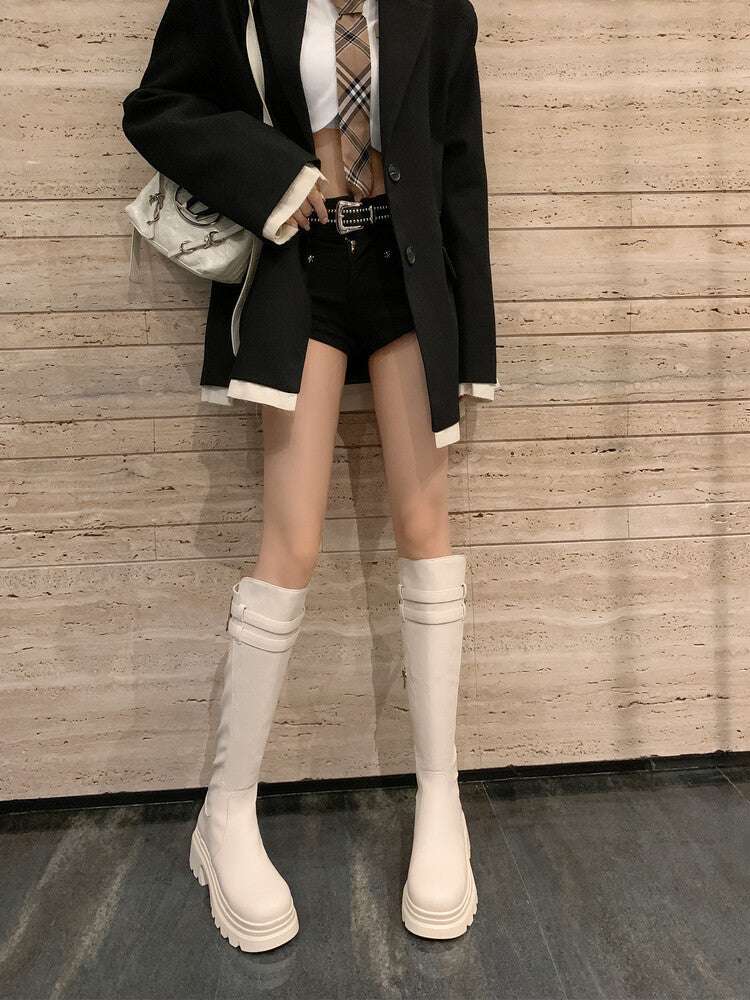Karin Luna In Stock  Round Toe Thick Sole Casual Belt Buckle Long Boots