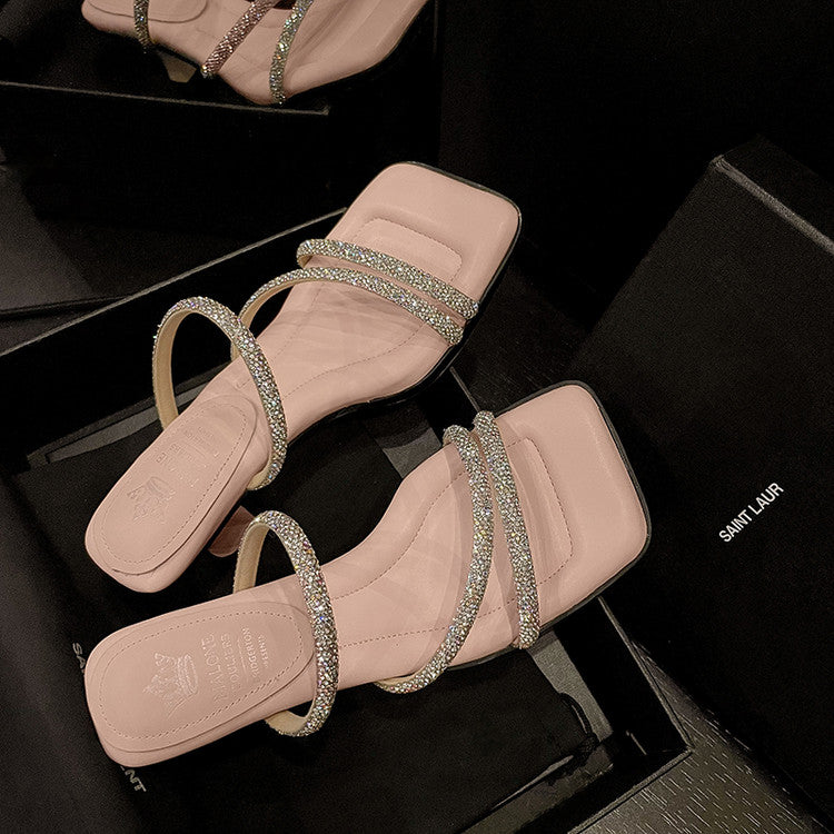 Karin Luna In Stock Spot Goods  Minimalist Versatile Square Toe Rhinestone Strap Open-Toe Sandals