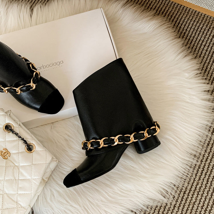 Karin Luna Classic Style Xiangjia Style Chunky Heel Chain Ankle Boots