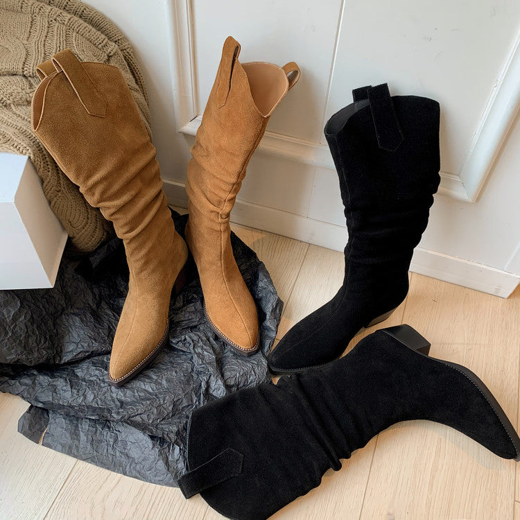 Karin Luna Elegant Style  Pointed Toe Wrinkled Wide Western Boots