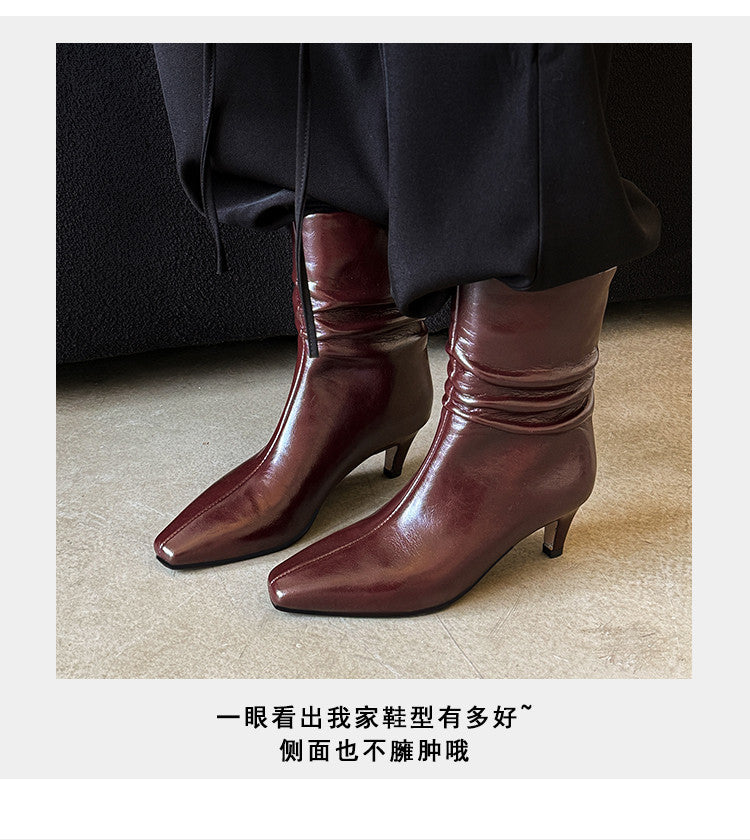 Karin Luna In Stock Spot Goods  Retro Wrinkled Small Square Toe Short Boots