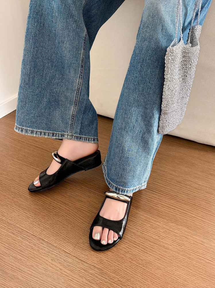 Karin Luna In Stock Spot Goods  Metal Buckle Round Toe Strap Slippers