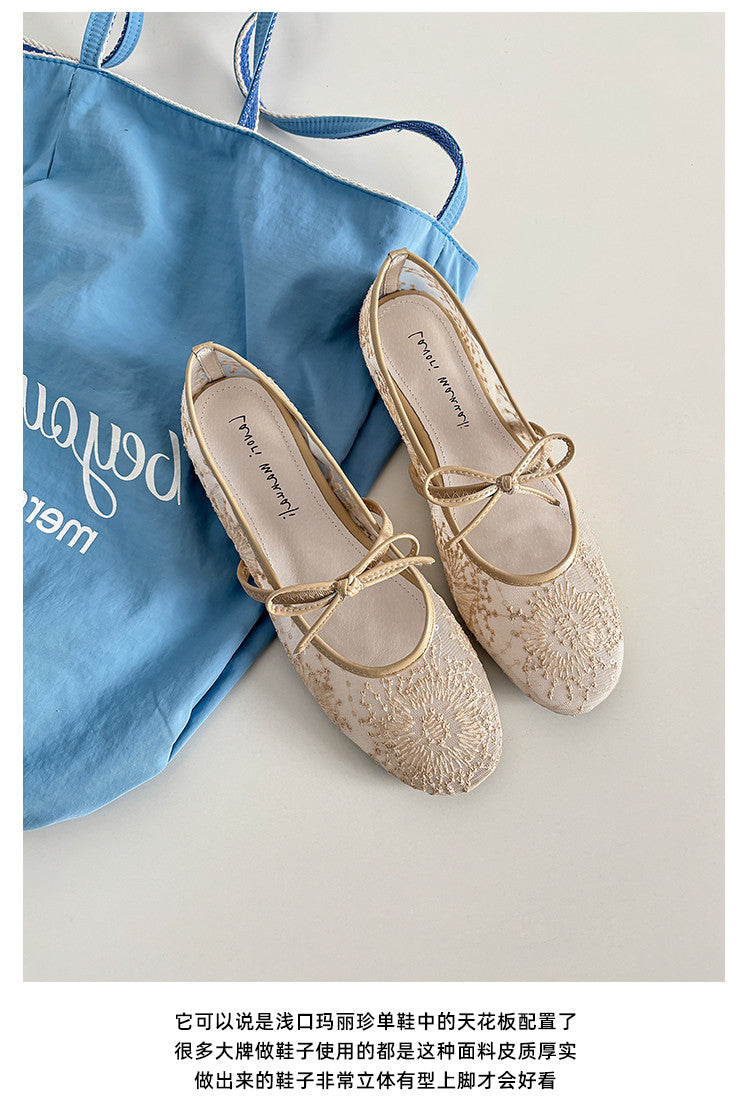 Karin Luna In Stock Spot Goods  Summer Breathable Retro Embroidered Bow Granny Shoes