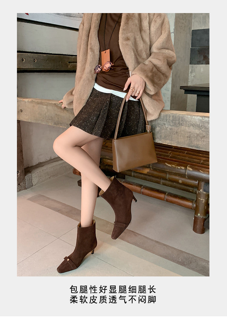 Karin Luna Elegant Style Small Square Toe Belt Buckle Thin Heel Short Boots