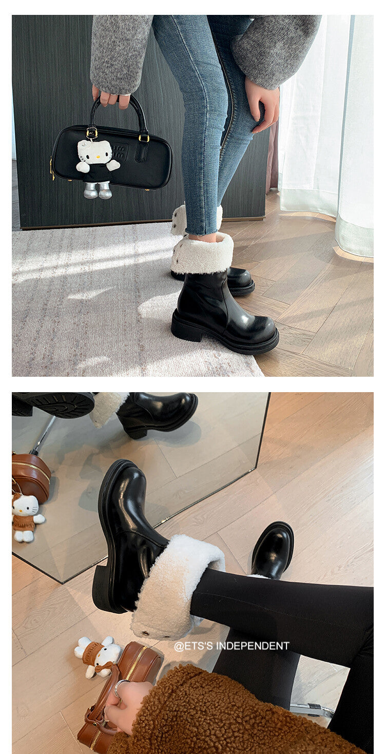 Karin Luna Classic Basic Style   Convertible Foldable Hidden Buckle Snow Fur Shoes Full cowhide Basic Flat Short Boots