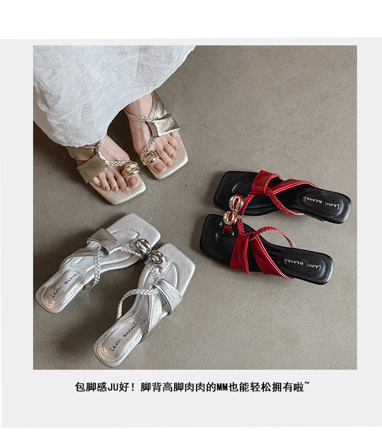Karin Luna Braided Style ~Cross Strap Square Toe Irregular Heel Slippers