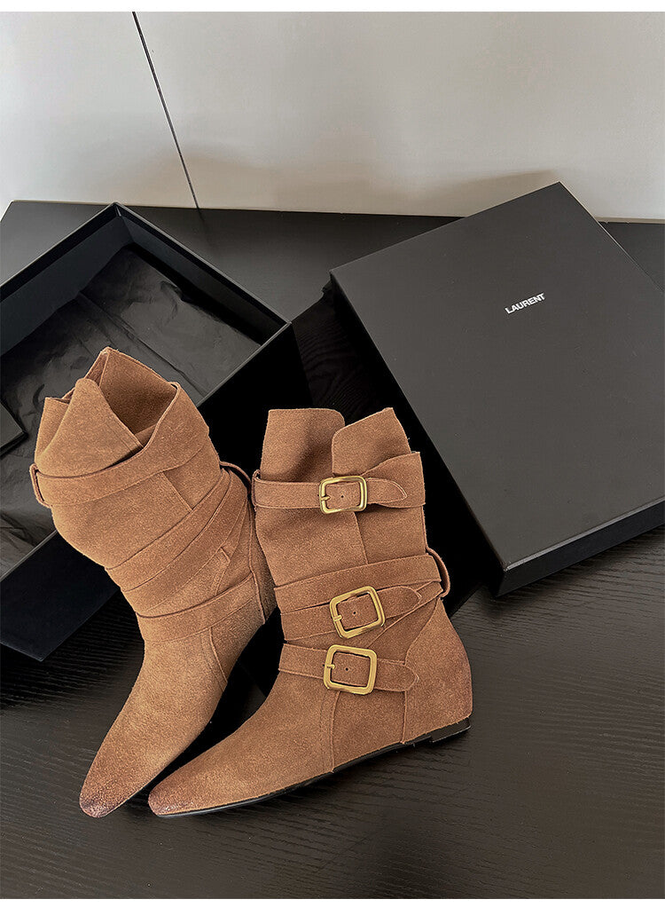 Karin Luna Cow Leather Small Square Toe Belt Buckle Fashion Boots