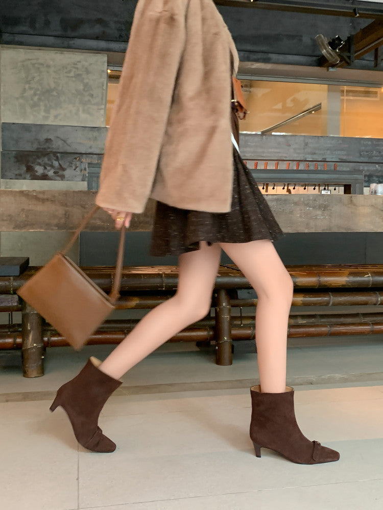 Karin Luna Elegant Style Small Square Toe Belt Buckle Thin Heel Short Boots