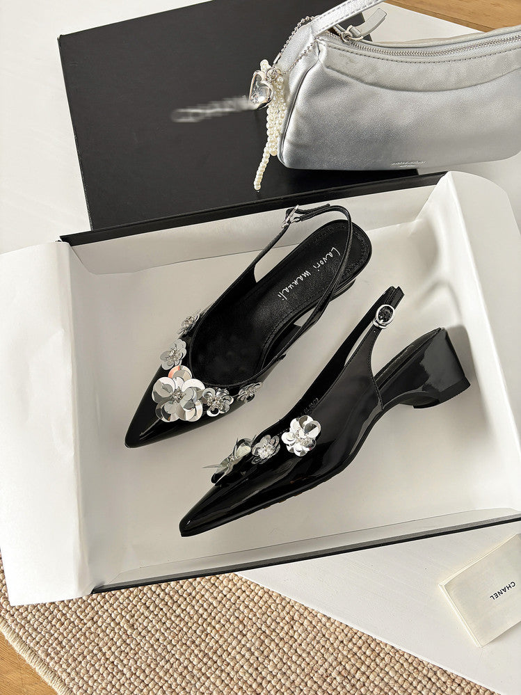 Karin Luna In Stock In Stock  Sequin Floral Pointed Toe Chunky Heel Closed-Toe Sandals