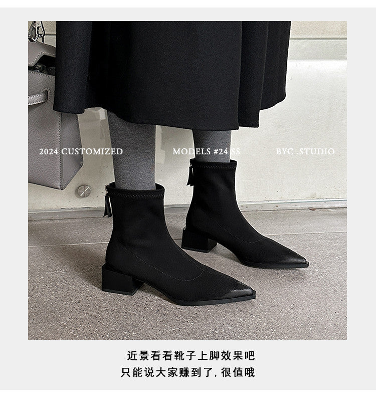 Karin Luna In Stock In Stock Elastic Slim Pointed Toe Chunky Heel Basic Ankle Boots